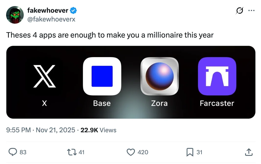 Post from @fakewhoeverx: Theses 4 apps are enough to make you a millionaire this year, with logos for LinkedIn, Base, Zora, and Farcaster.
