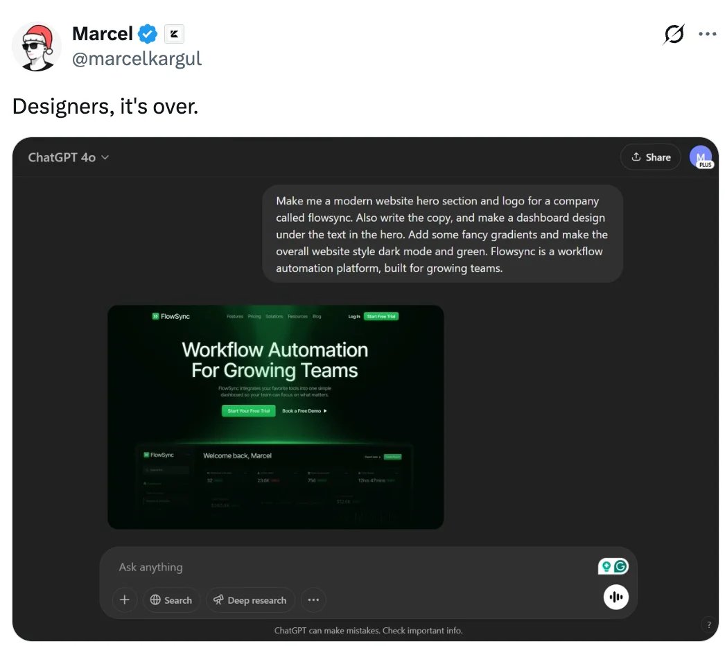 Post from @marcelkargul that says Designers, it's over, with a screenshot of an AI-generated website.