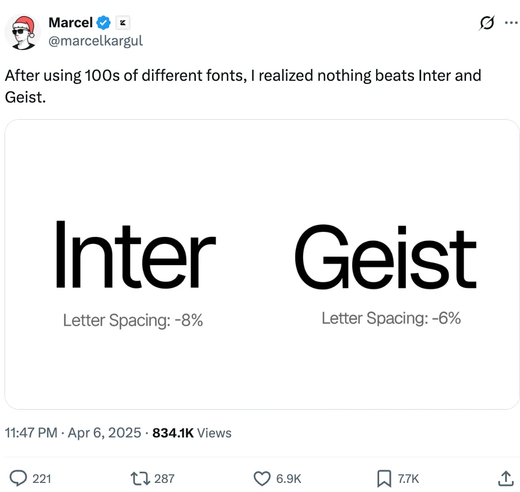Post from @marcelkargul showing a comparison between Inter and Geist fonts.